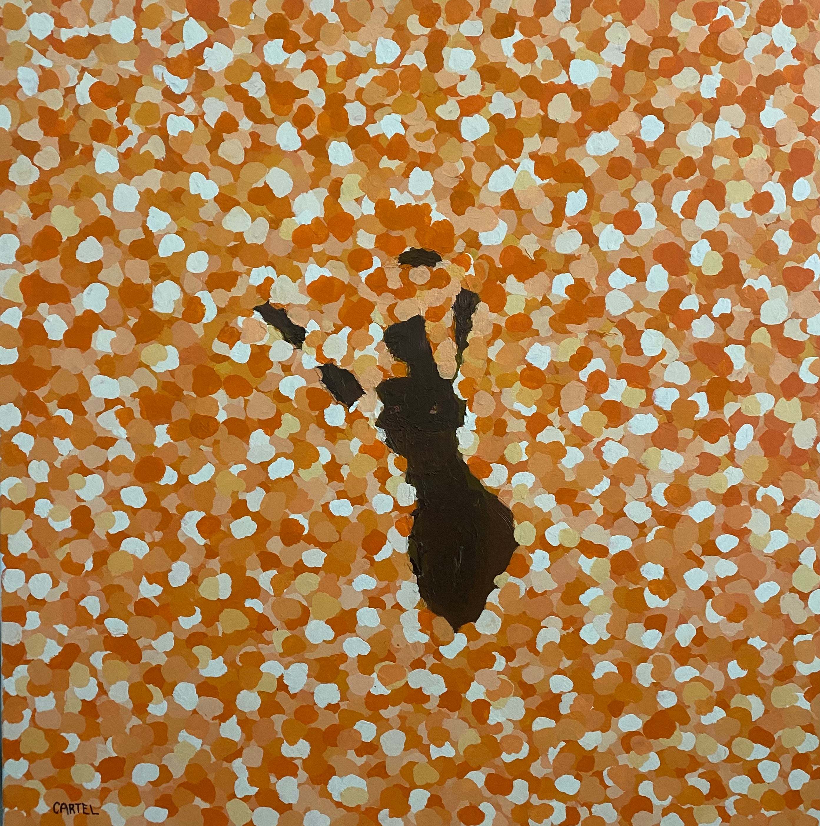 Abstract art with a central figure on an orange and white patterned background