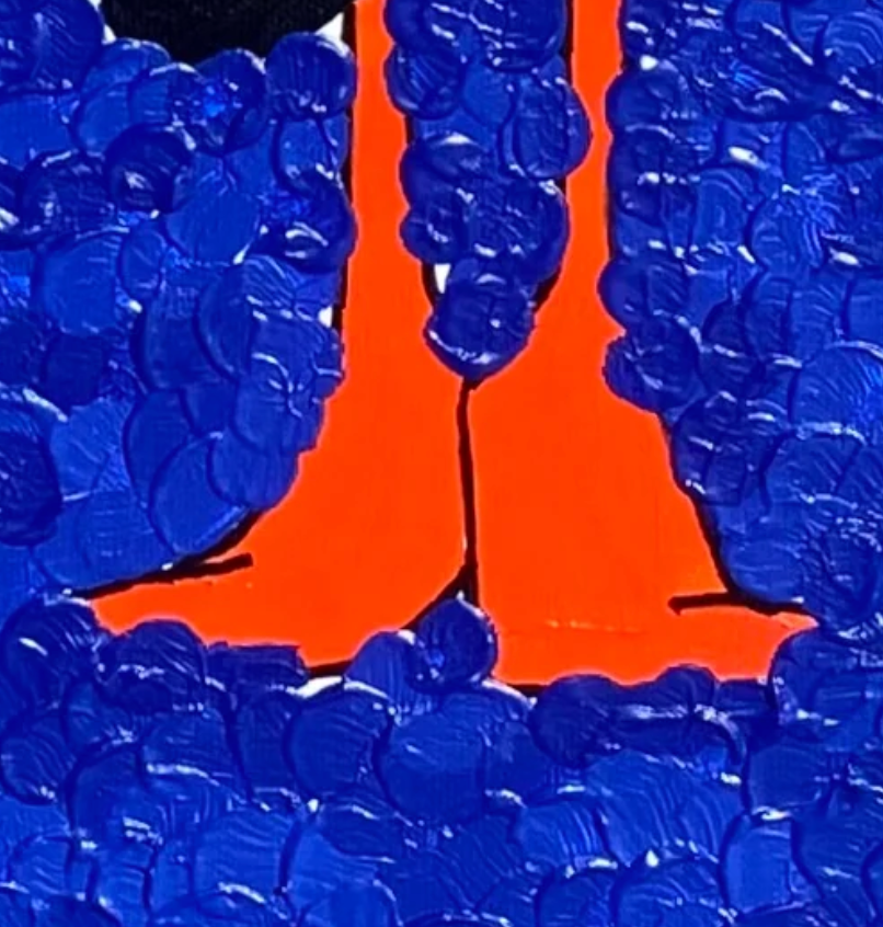 Blue circular objects with a central orange slit