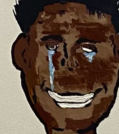 Artistic depiction of a face with tears streaming down, on a plain background