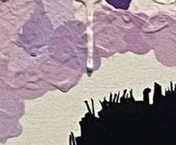 Close-up of textured purple and  surface with a black silhouette of hair