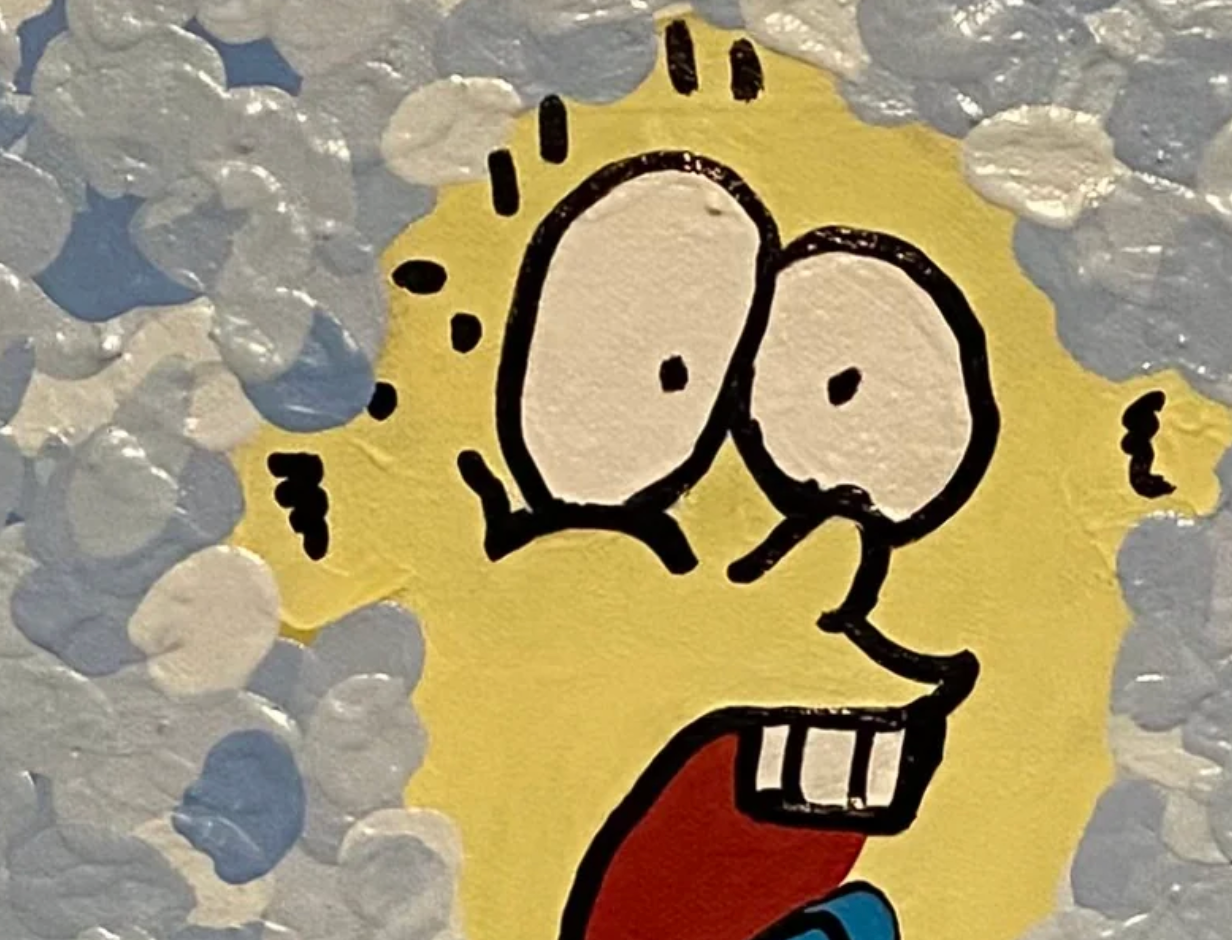 Cartoon character with a yellow face and red mouth on a textured blue background