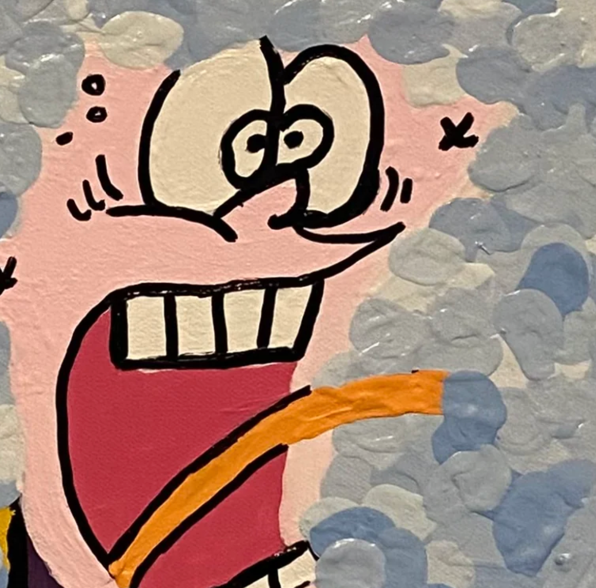 Cartoon character with a pink face and red mouth on a textured blue background
