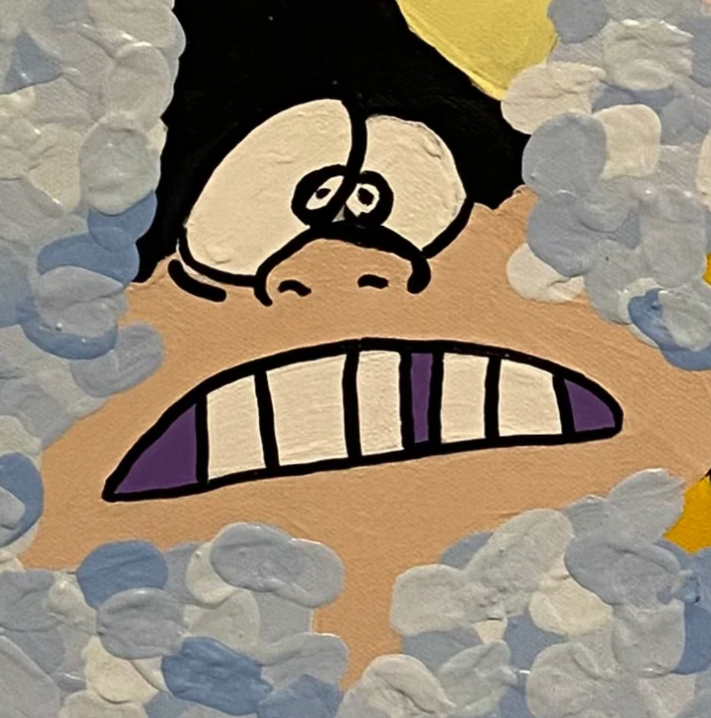 Cartoonish face with wide opened eyes on a textured blue background.