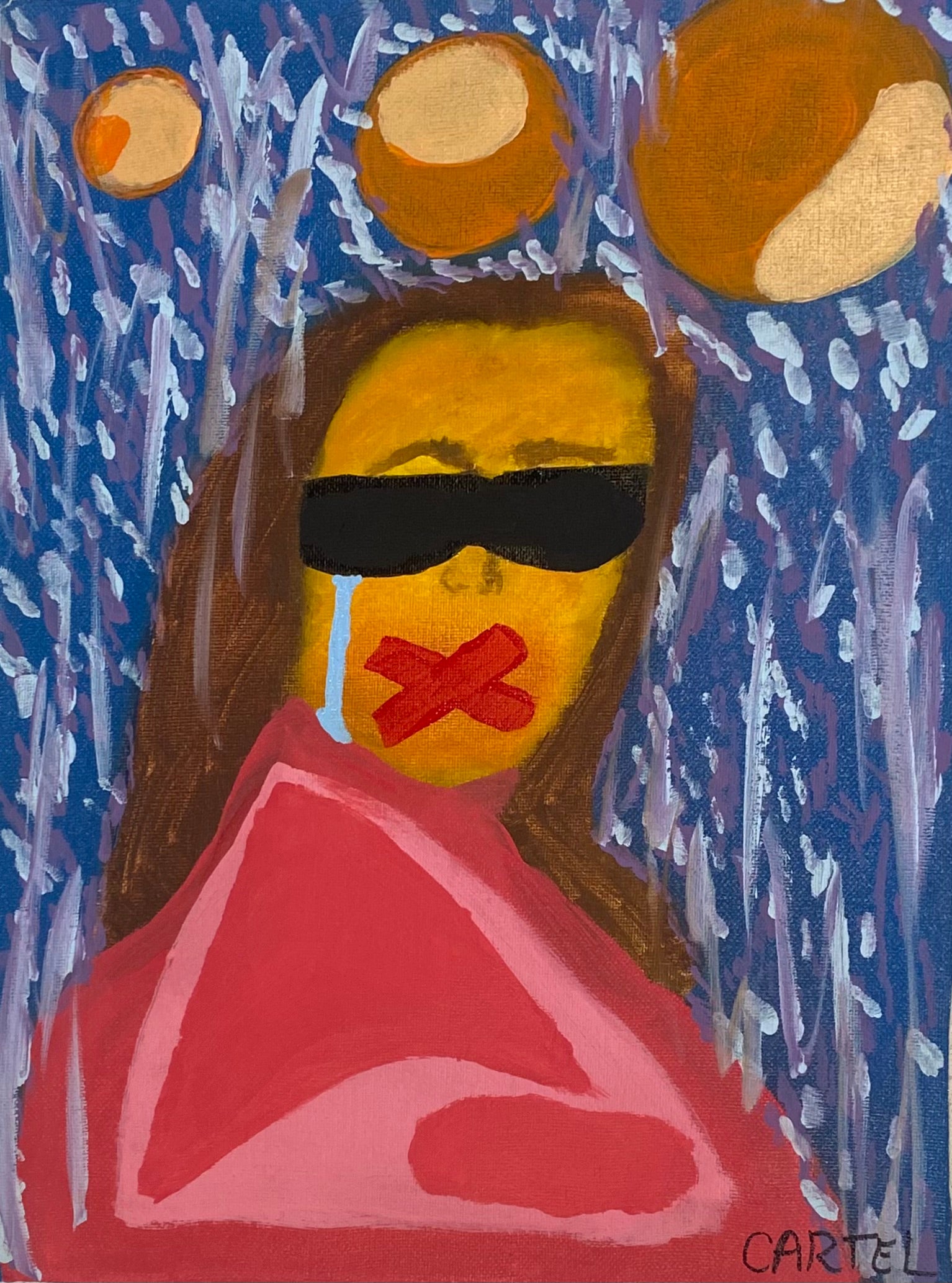 Artistic depiction of a person with a red 'X' over their mouth against a blue background with abstract shapes.