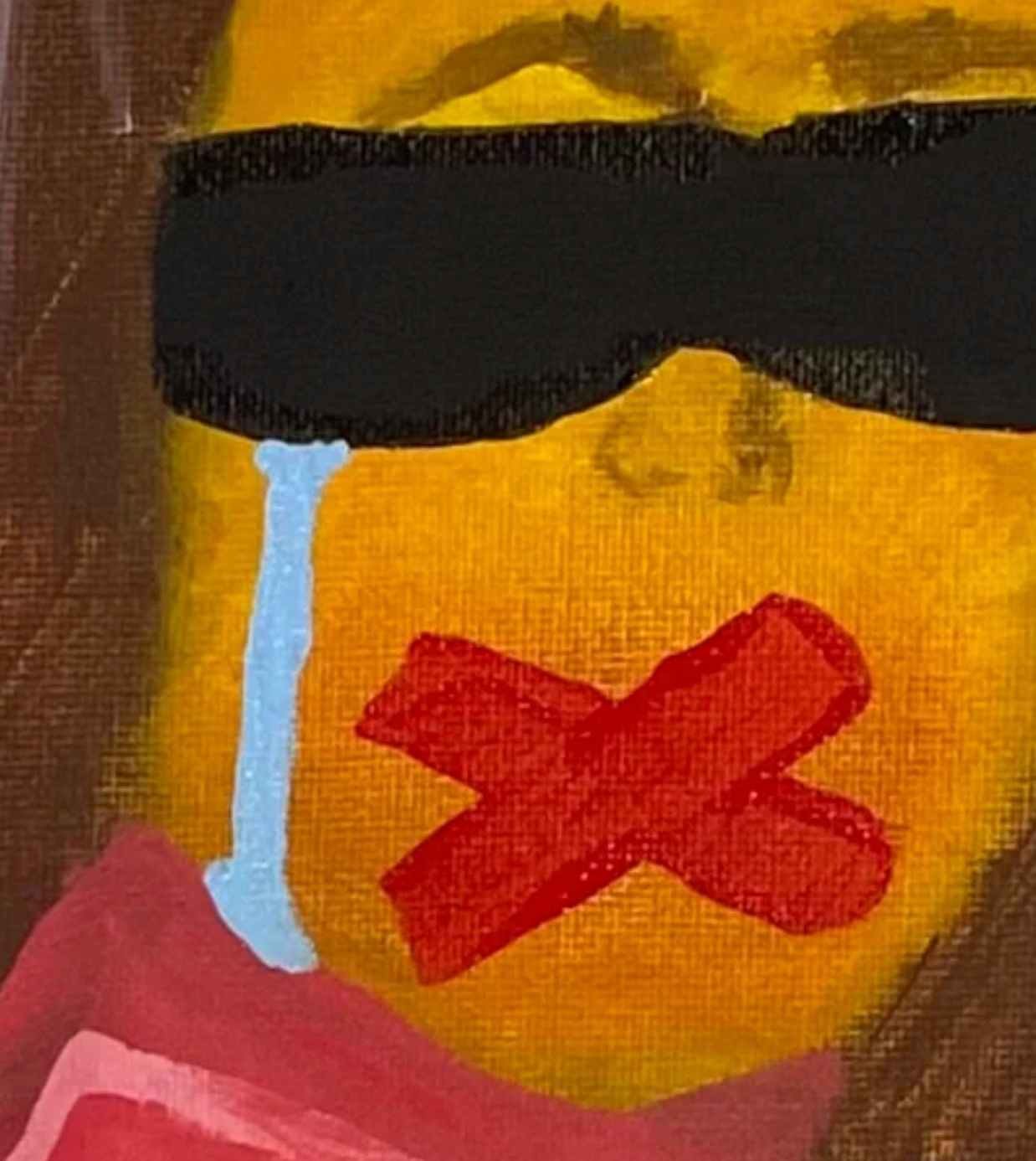 Abstract artwork with a black band, red 'X', and blue vertical line on a yellow background