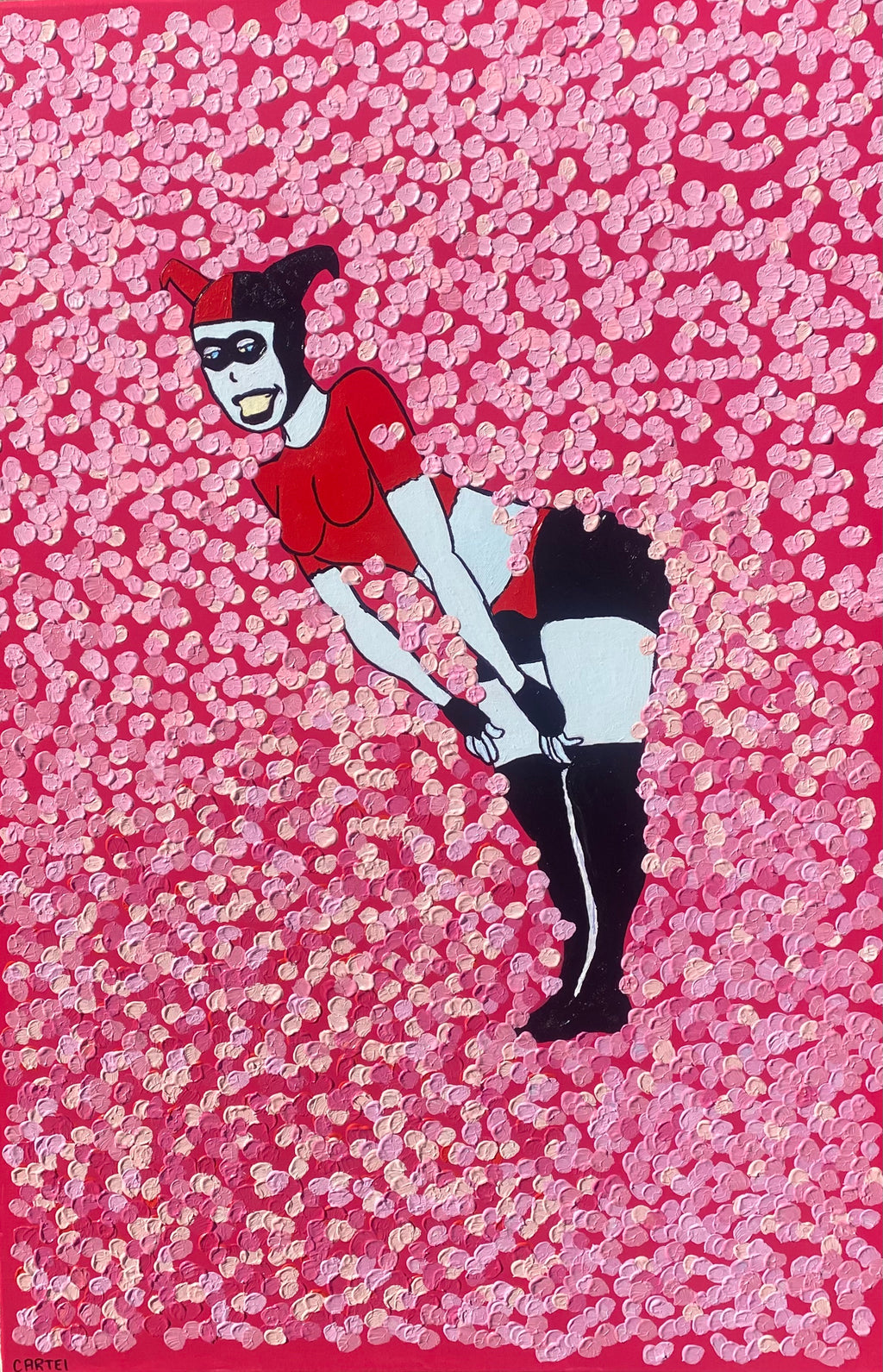 Character in a red outfit with black boots on a pink textured background