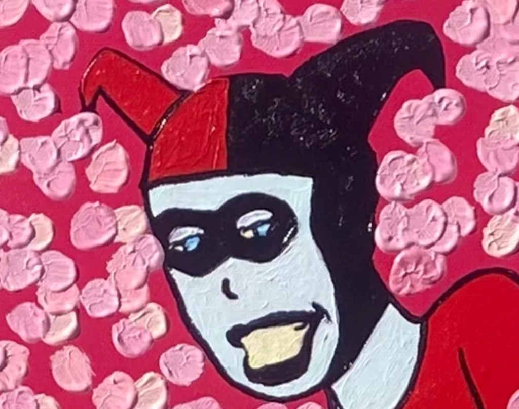 Cartoon character with red outfit on a pink background