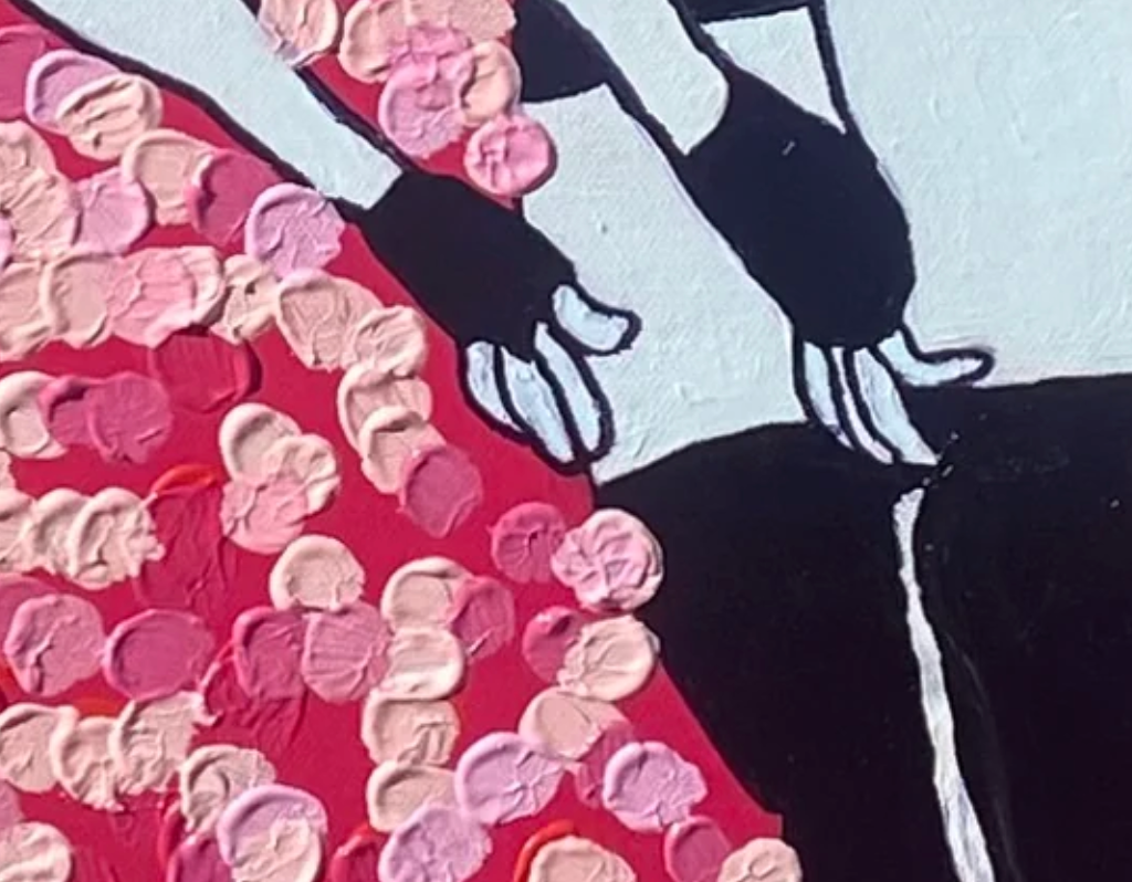 Artistic depiction of a hand reaching towards pink floral petals on a red background