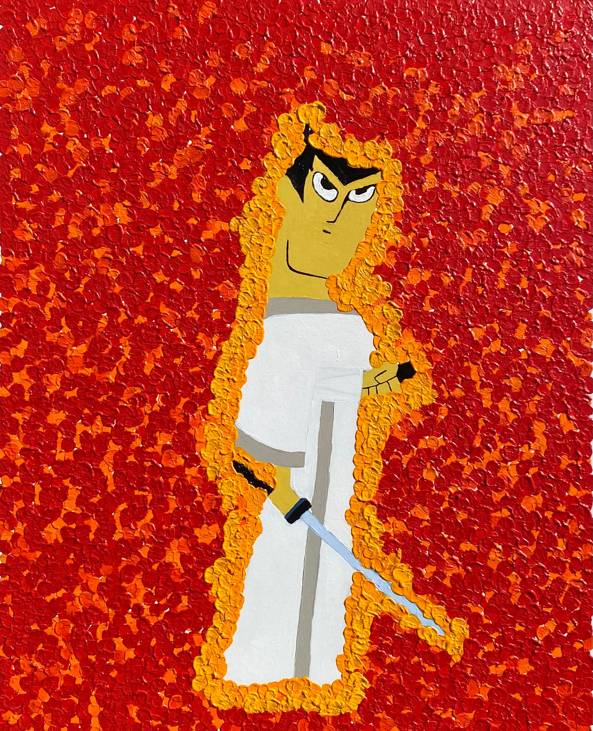 Animated character with a sword on a textured red background