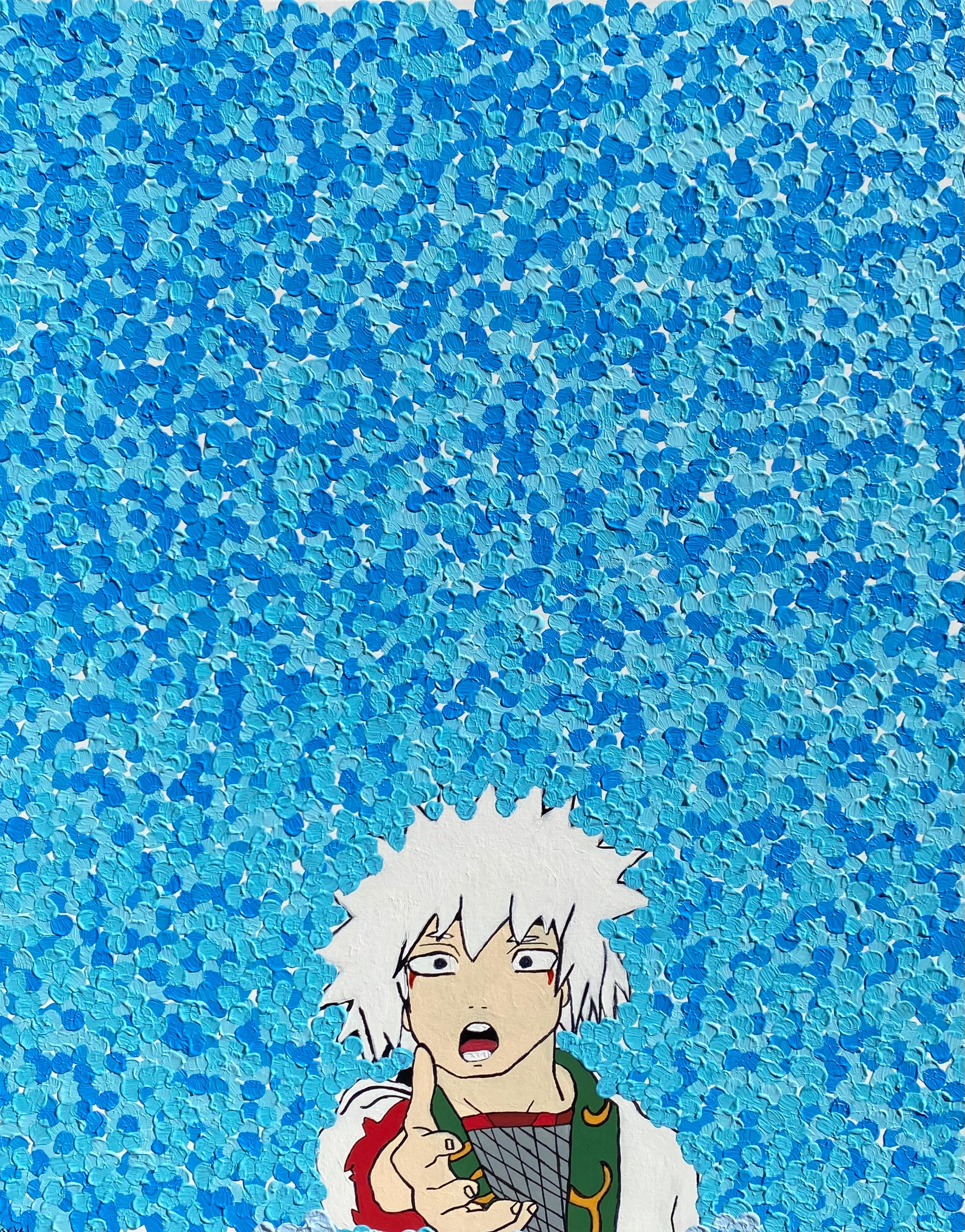 Animated character with white hair against a blue textured background