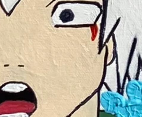 Cartoon character with a surprised expression with a blue textured background