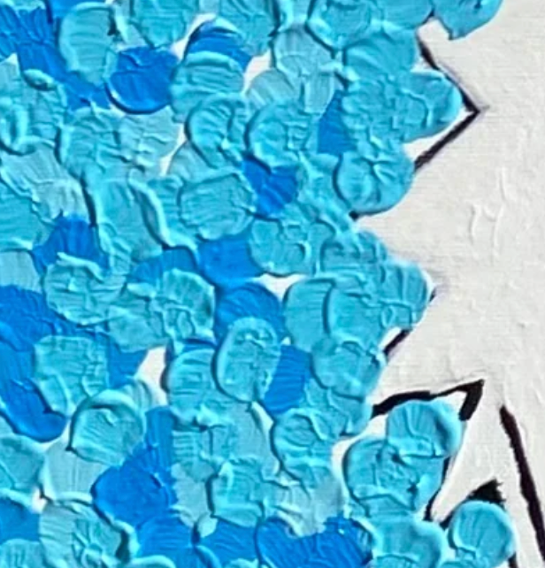 Close-up of blue textured background with a character with white hair