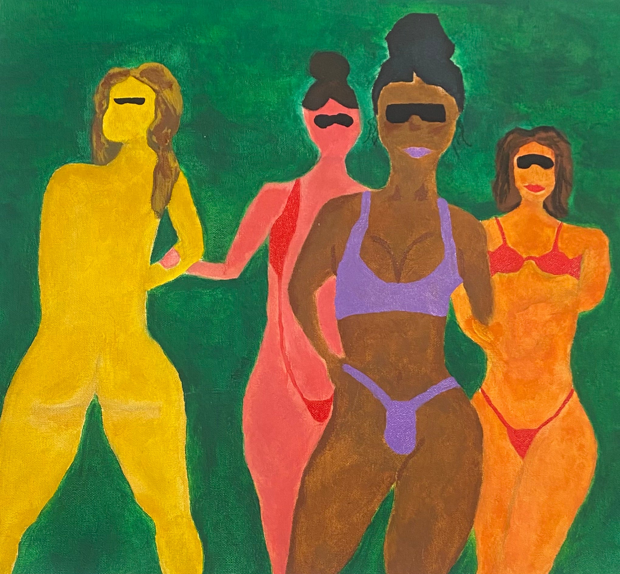 Artistic depiction of four figures in various stages of undress against a green background