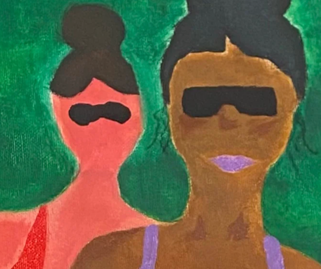 Two stylized figures with black hair against a green background