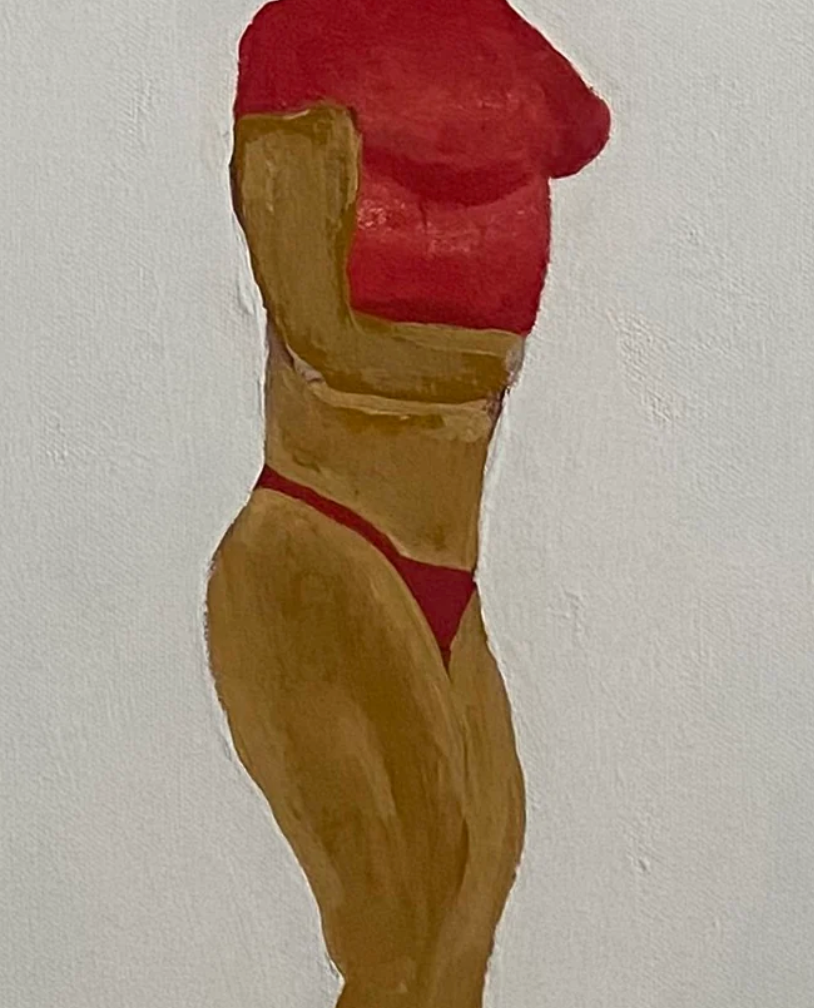Artistic depiction of a figure wearing a red top and underwear against a plain background