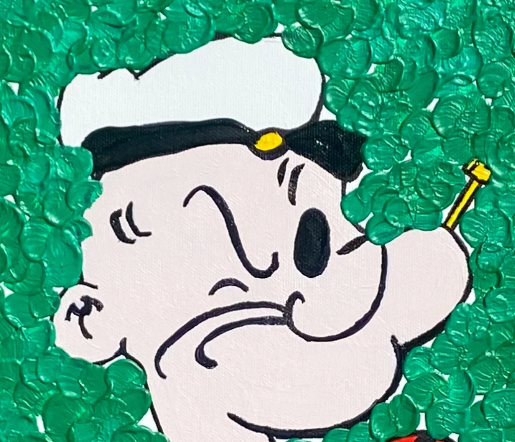 Cartoon character with a sad expression on a green textured background