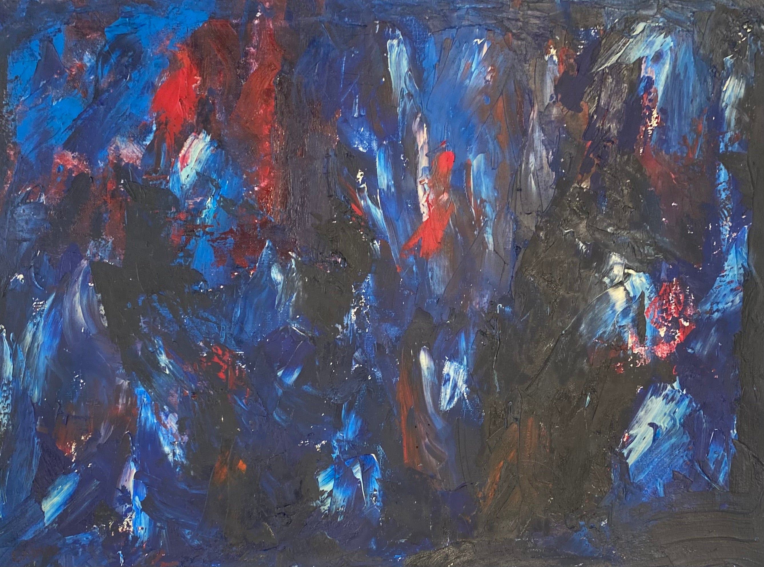 Abstract painting with blue, red, and black colors