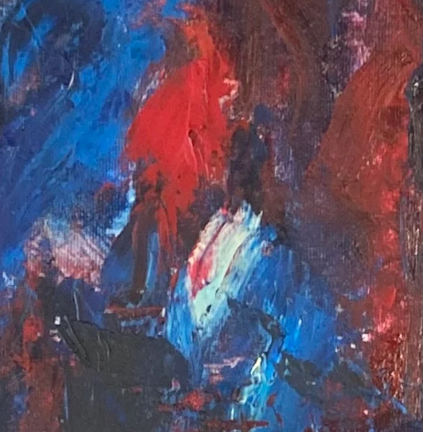 Abstract painting with blue, red, and black colors