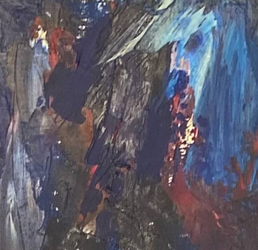 Abstract painting with blue, red, and black colors