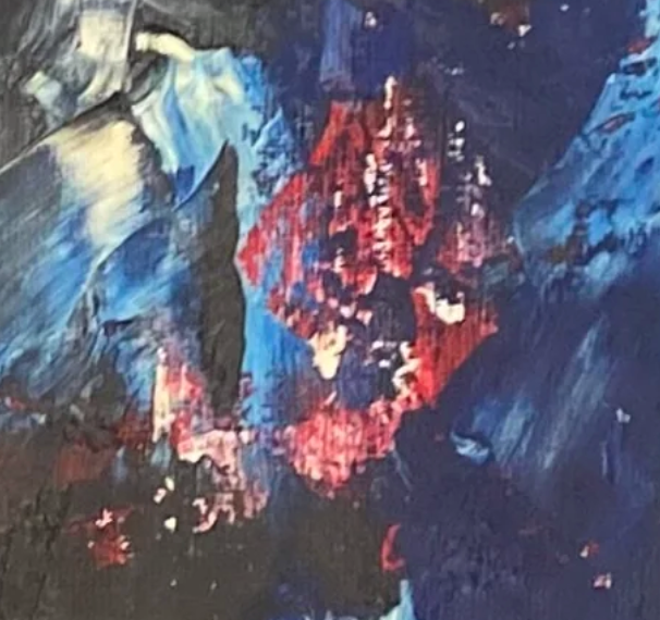 Abstract painting with blue, red, and black colors