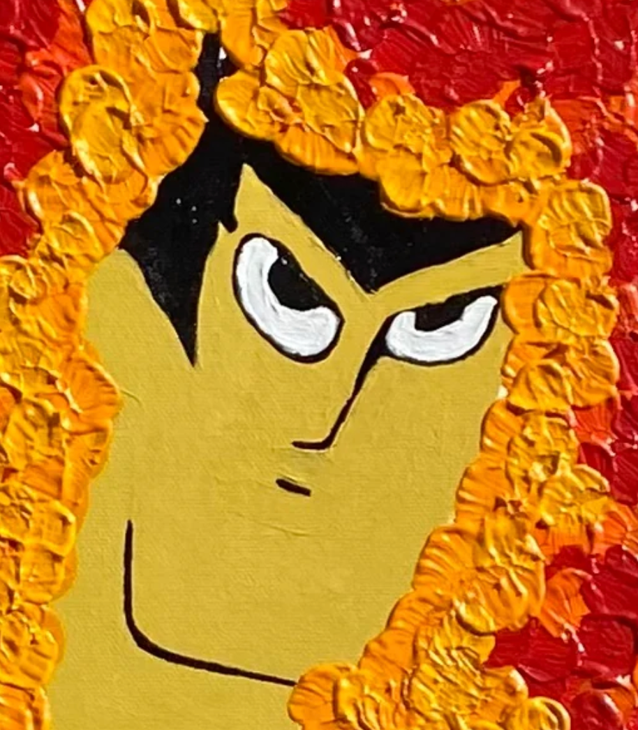 Cartoon character with a yellow face, black hair, and black hair on a red background