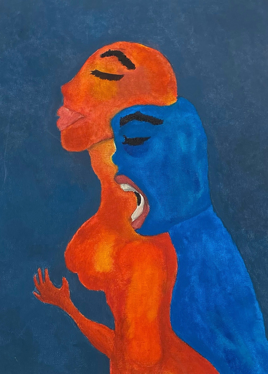 Artistic depiction of two abstract figures in orange and blue against a dark blue background