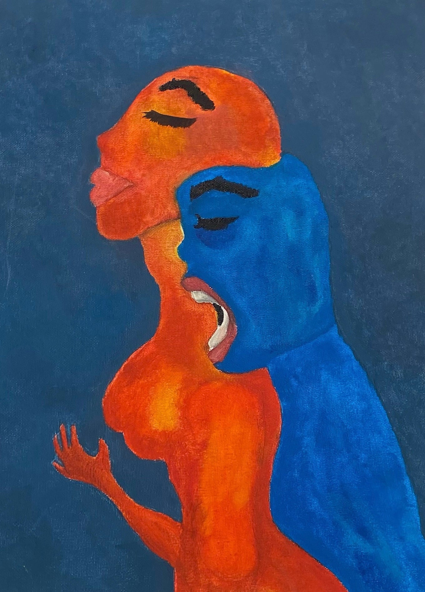 Artistic depiction of two abstract figures in orange and blue against a dark blue background