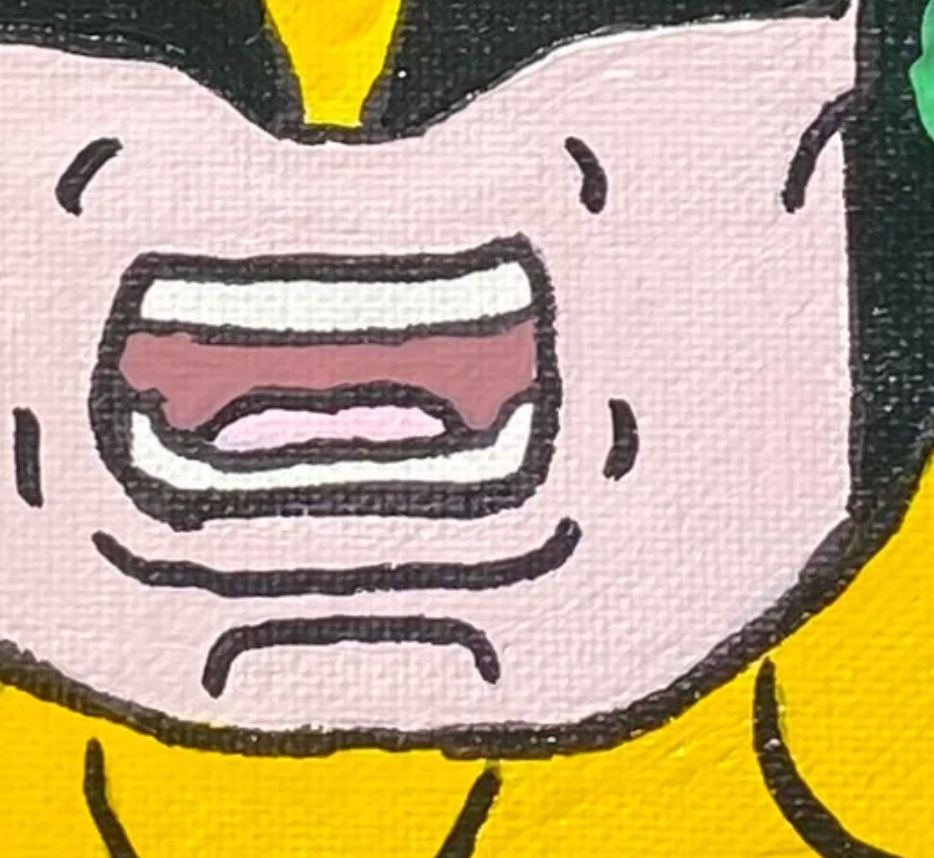 Close-up of a cartoon character with a mad expression on a textured background